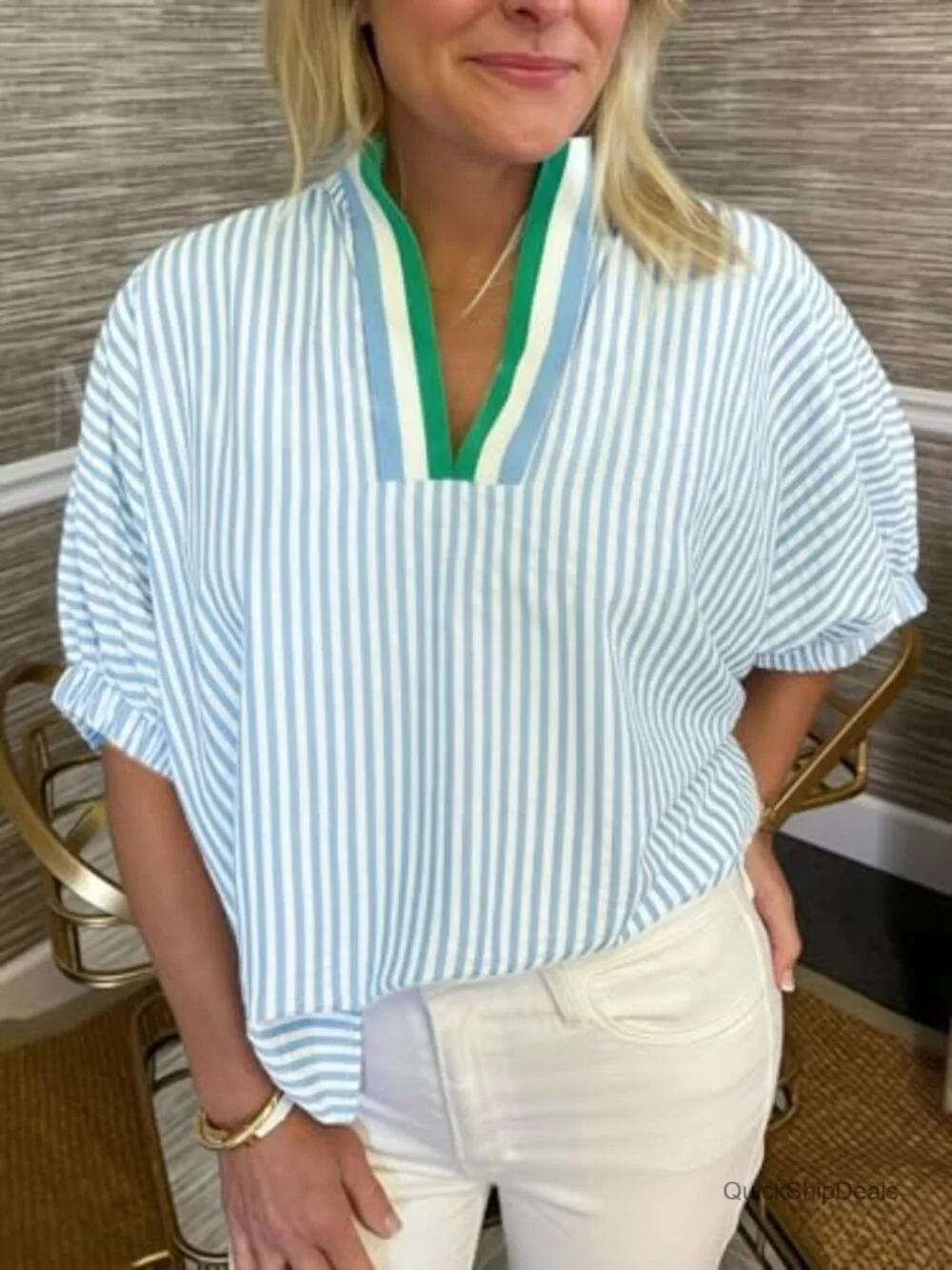 Striped Contrast Neck Blouse | Dolman Puff Sleeve Top | Relaxed Fit